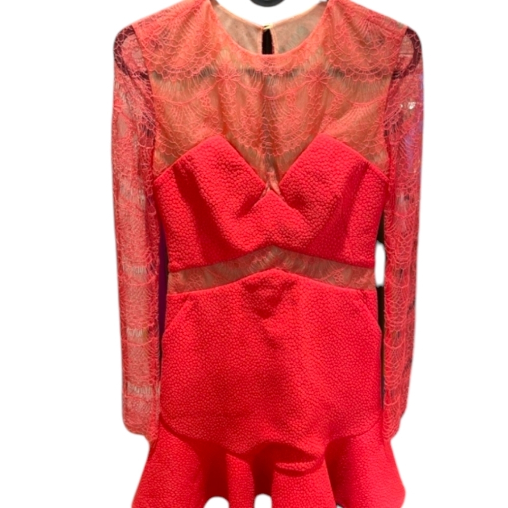 Three Floor Coral Lace Long Sleeve Mini Dress - Picture 4 of 16